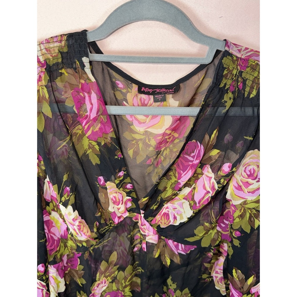 Vintage Betsey Johnson Dress 4 Black Pink Floral Sheer LS Ruffle Mini/need Slip - Picture 2 of 6